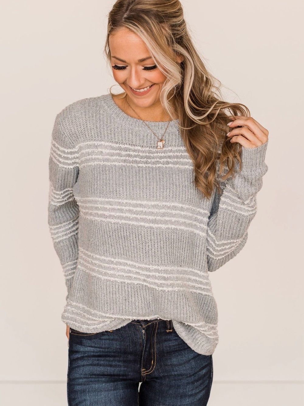 Staccato Striped Crewneck Sweater in Gray & White Like New
